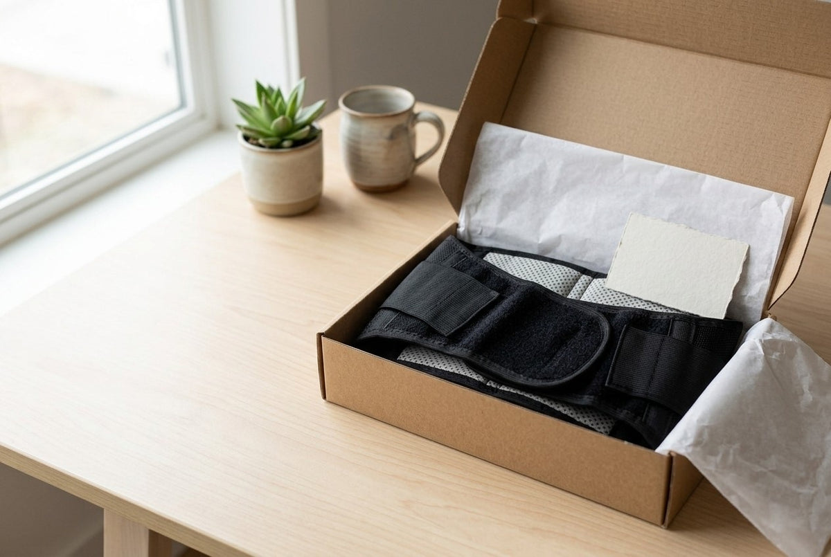 Open kraft shipping box with the RAGSIDE black lumbar support belt folded inside white tissue paper