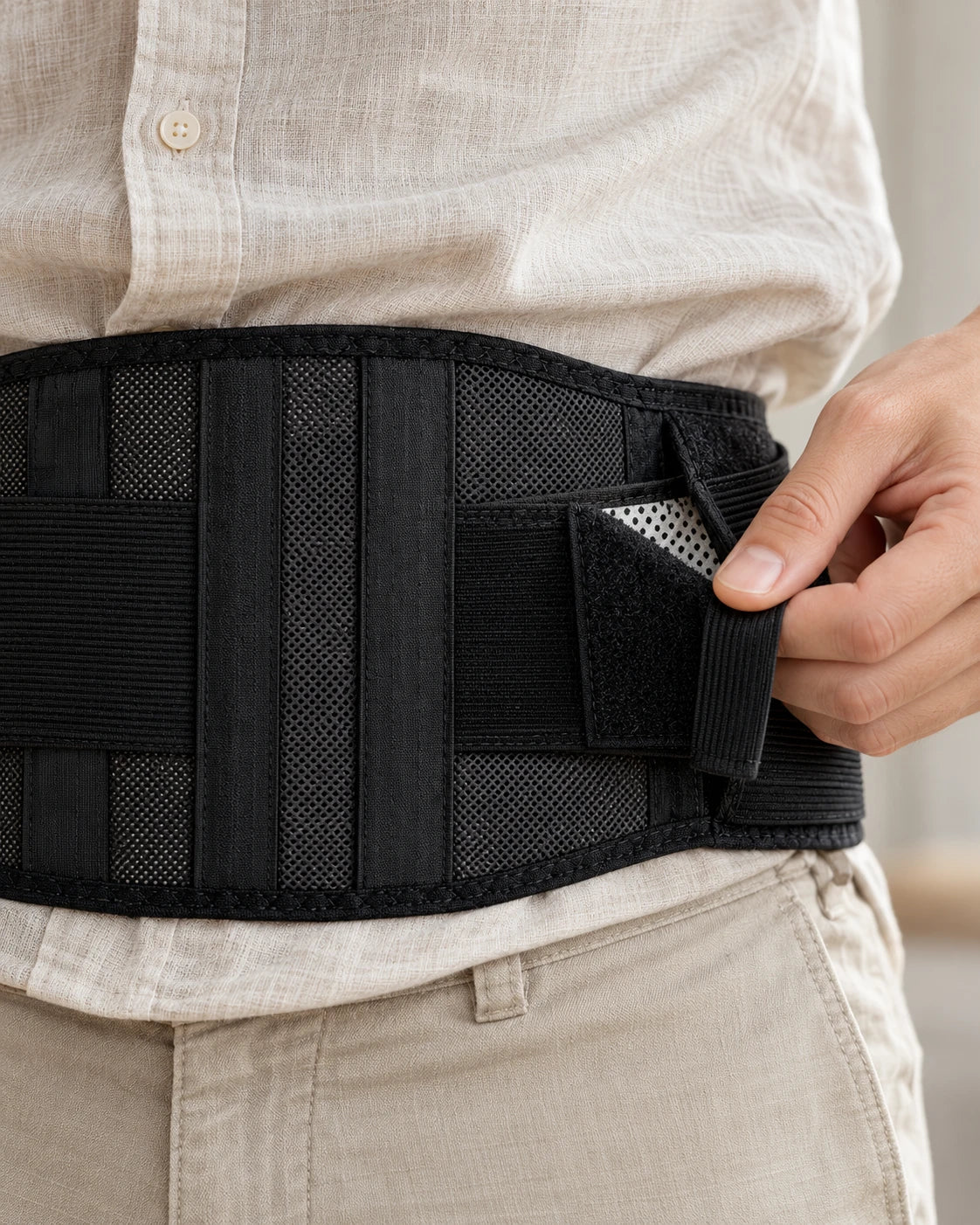 Close-up of a hand adjusting the hook-and-loop strap of the RAGSIDE lumbar support belt, with the inner heat panel visible