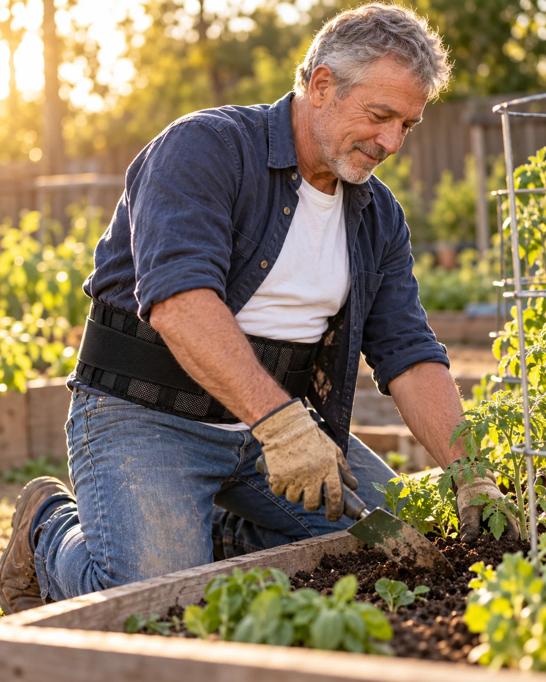 Man kneeling in a vegetable garden wearing the RAGSIDE black lumbar support belt under an open work shirt