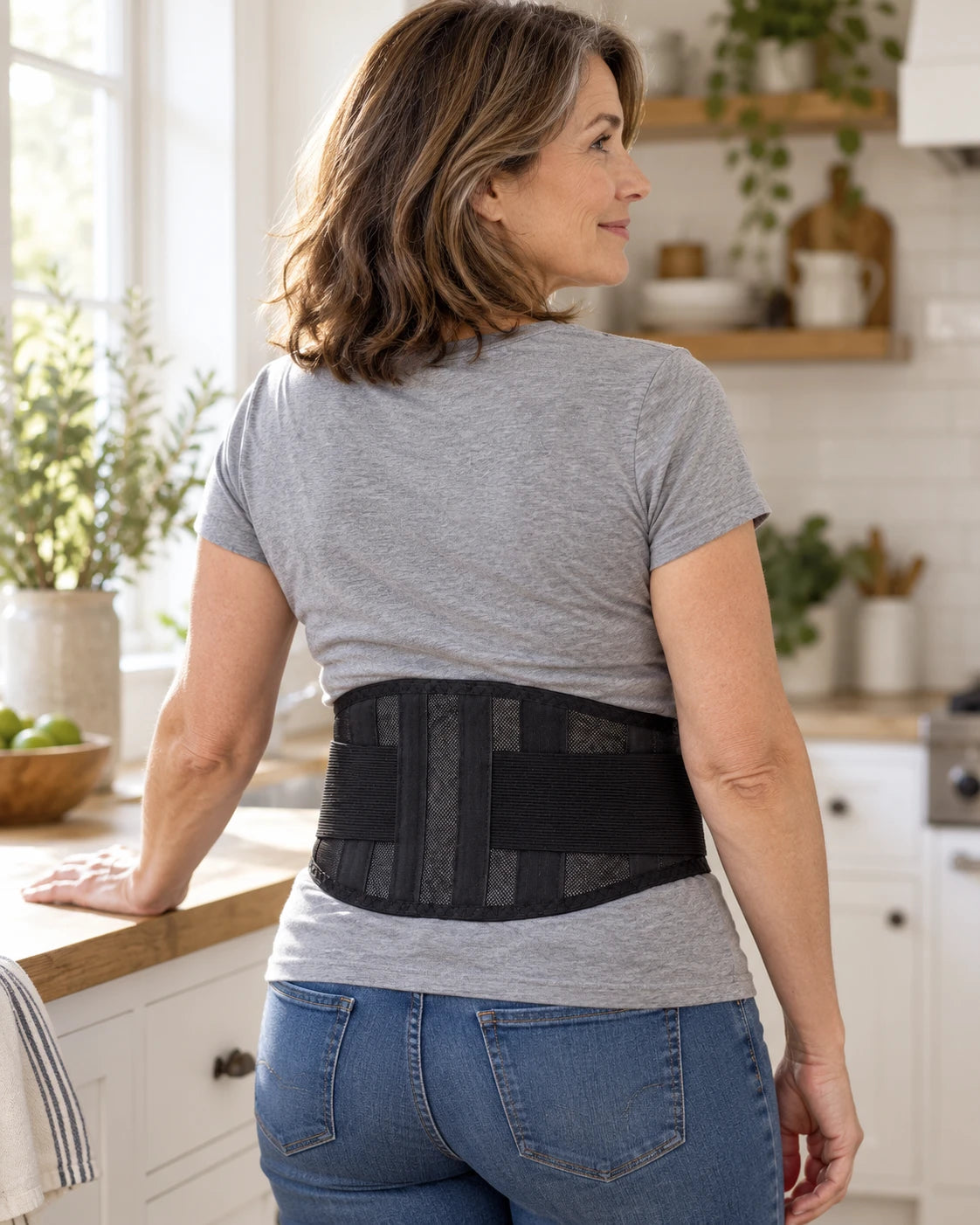 Woman seen from behind in a bright kitchen wearing the RAGSIDE black lumbar support belt over a grey t-shirt
